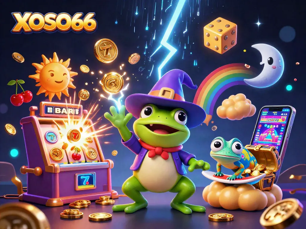 XOSO66 captures the excitement of winning with a wizard frog, a chameleon, and vibrant casino elements.