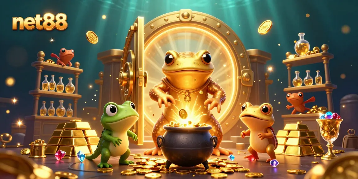 Experience winning moments at net88 with a captivating alchemist scene filled with gold treasures and casino elements.