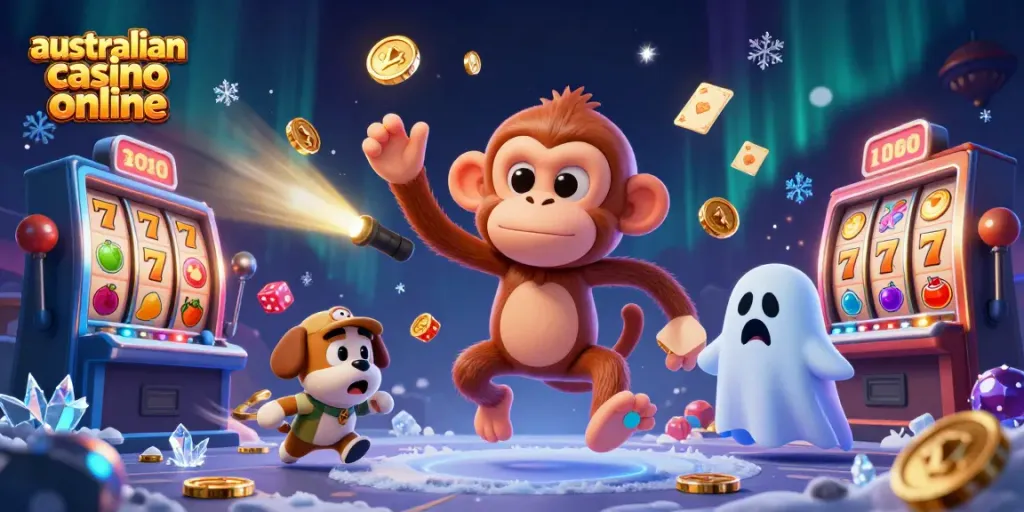 Experience the excitement of australian casino online with a playful poltergeist monkey in a vibrant, haunted scene.