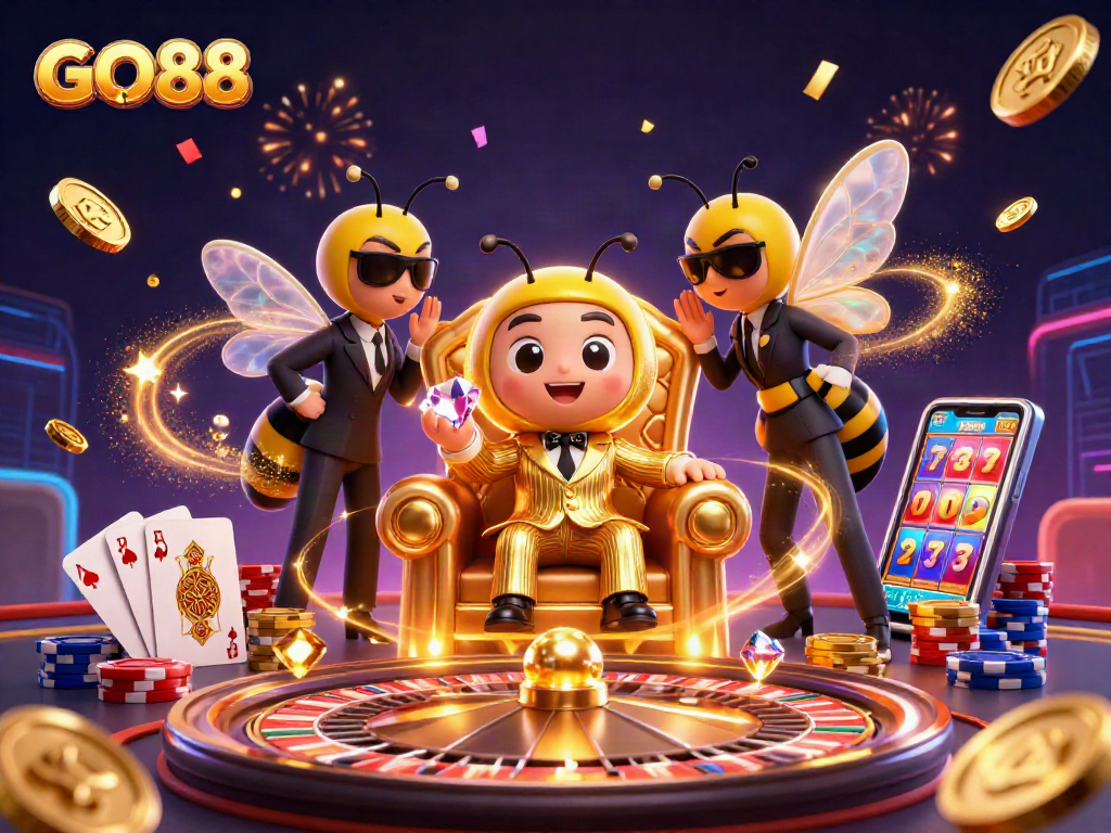Join GO88 in a vibrant casino scene featuring a mob boss and luxurious game elements, embodying excitement and victory.