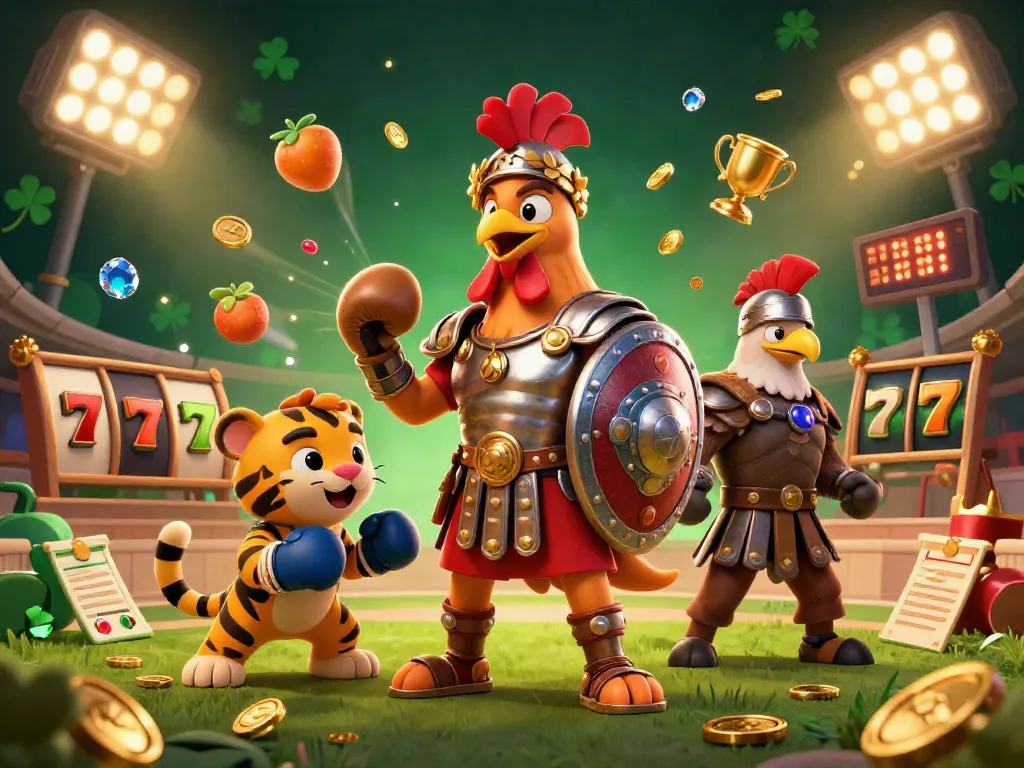 Engage with modo casino promo codes through an energetic illustrated scene of a rooster gladiator and exciting slot reels.
