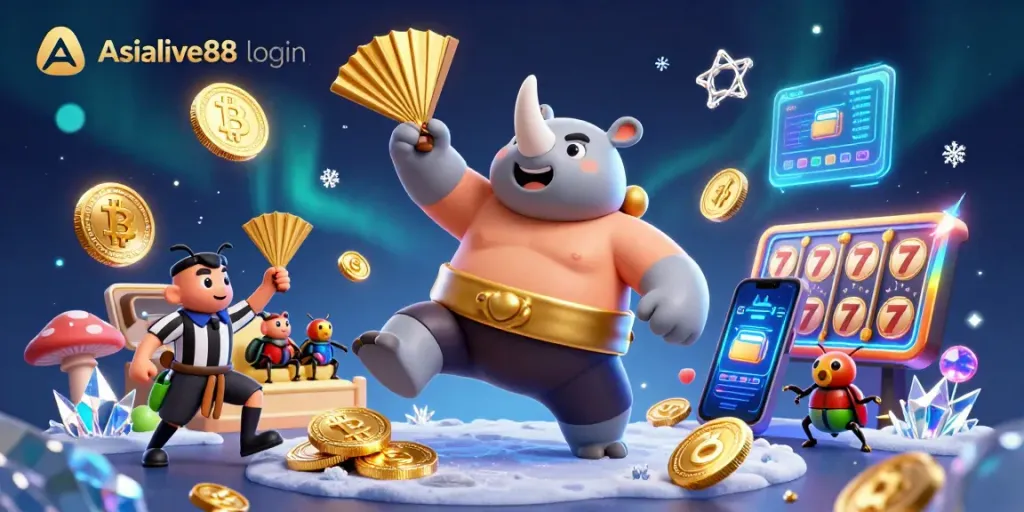Engage with the Asialive88 login scene showcasing dynamic characters amidst flying coins and crypto elements in a vibrant 3D illustration.