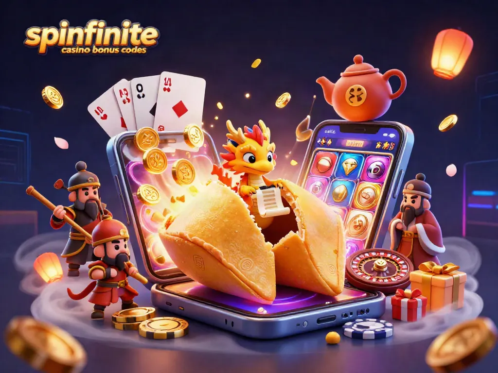 Spinfinite casino bonus codes illustrated with a golden fortune cookie and dragon, dynamic casino elements