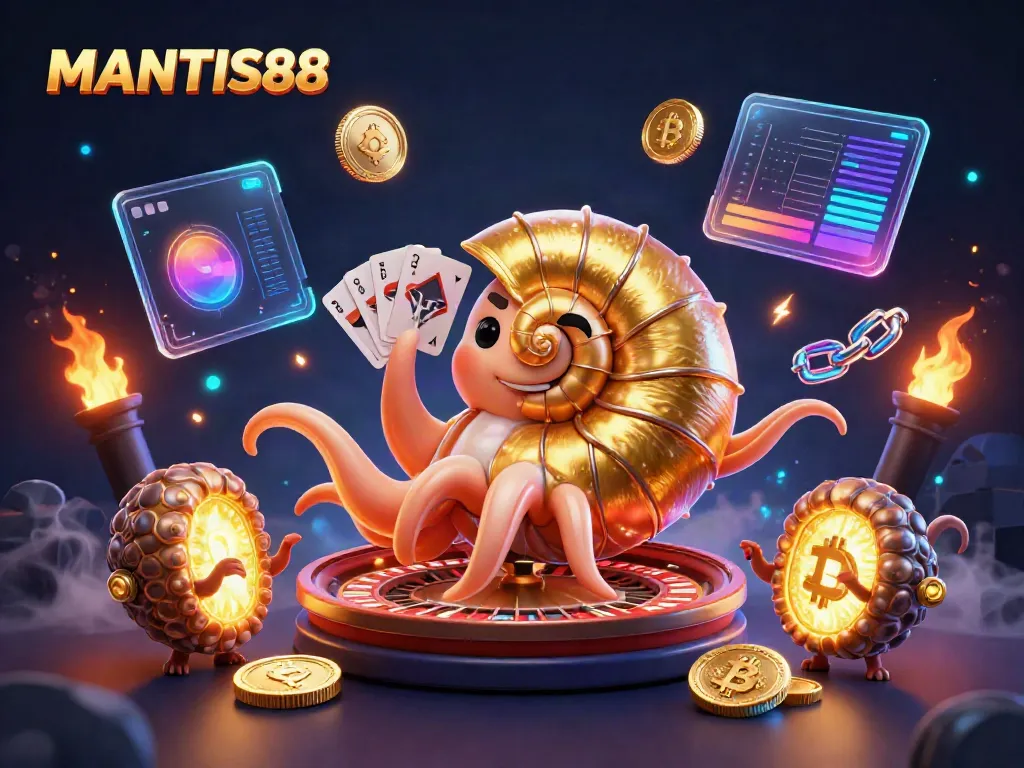 MANTIS88 captivates through a vibrant casino scene featuring a cartoon nautilus roulette wheel and glowing crypto coins.
