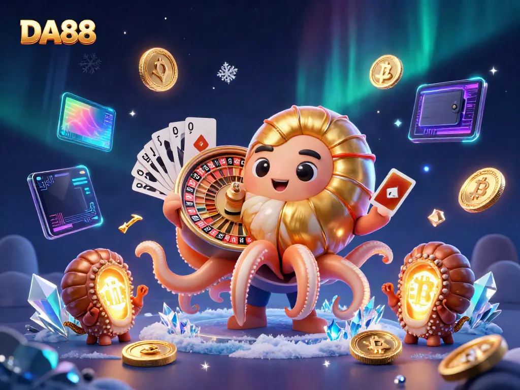 DA88 portrays an ancient nautilus with a roulette wheel shell amidst crypto elements, showcasing vibrant casino energy.