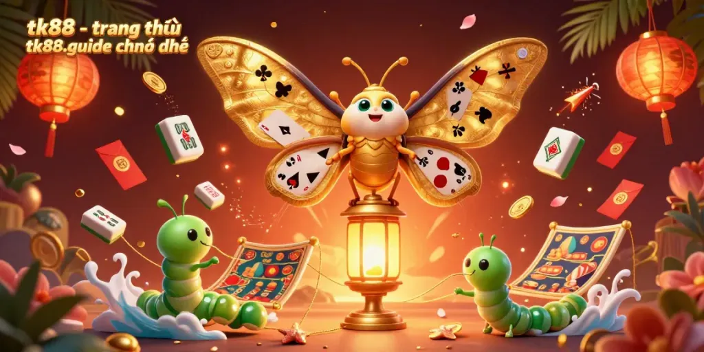 Engage in thrilling moments at tk88 - trang chủ tk88.guide chính thức with vibrant casino scenes and cartoon moths.
