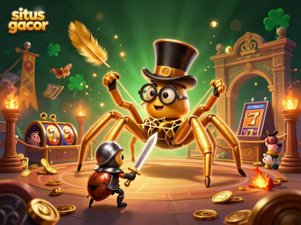 Experience the thrilling world of situs gacor with a vibrant 3D scene featuring a giant golden tarantula and beetle knight.