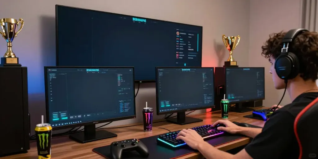 Dynamic gaming setup featuring situs singatoto, player engaged in online gaming with multiple screens.