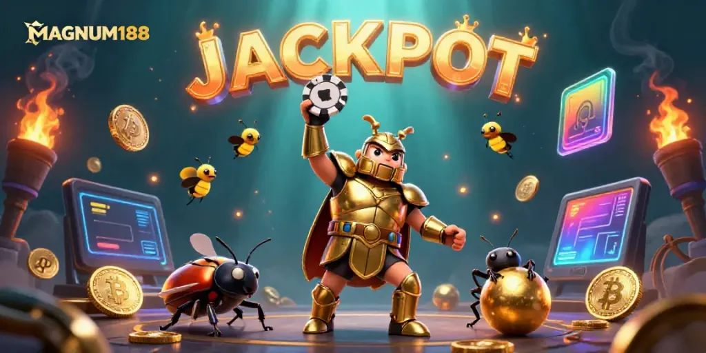 Experience MAGNUM188 adventure with a dynamic scene of a gladiator beetle and crypto elements.