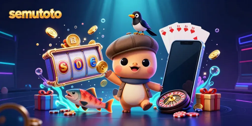Semutoto menghadirkan keseruan permainan kasino dengan monster Loch Ness dan salman mengelilingi smartphone berisi slot game.