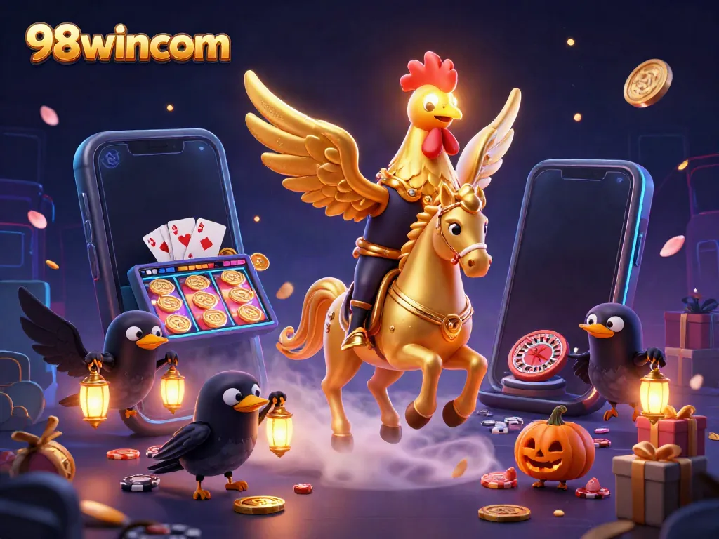 Experience thrilling gameplay with 98wincom featuring a golden rooster and whimsical casino elements.