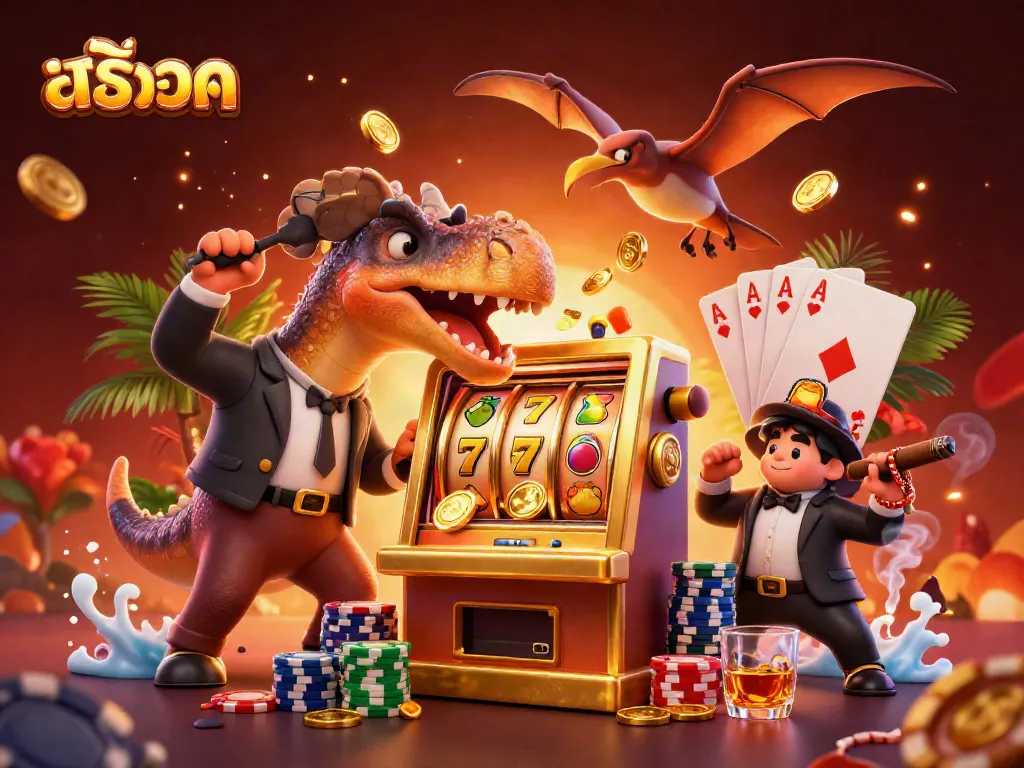 สล็อตแมชชีนที่เติมเหรียญทองจากเกม สล็อต ขณะที่ไดโนเสาร์แสดงความตื่นเต้น