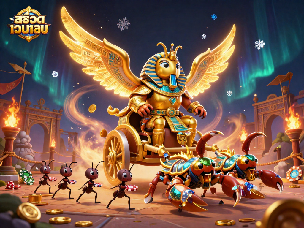Engage in สล็อตเว็บตรง with a 3D golden scarab beetle and rich casino elements.