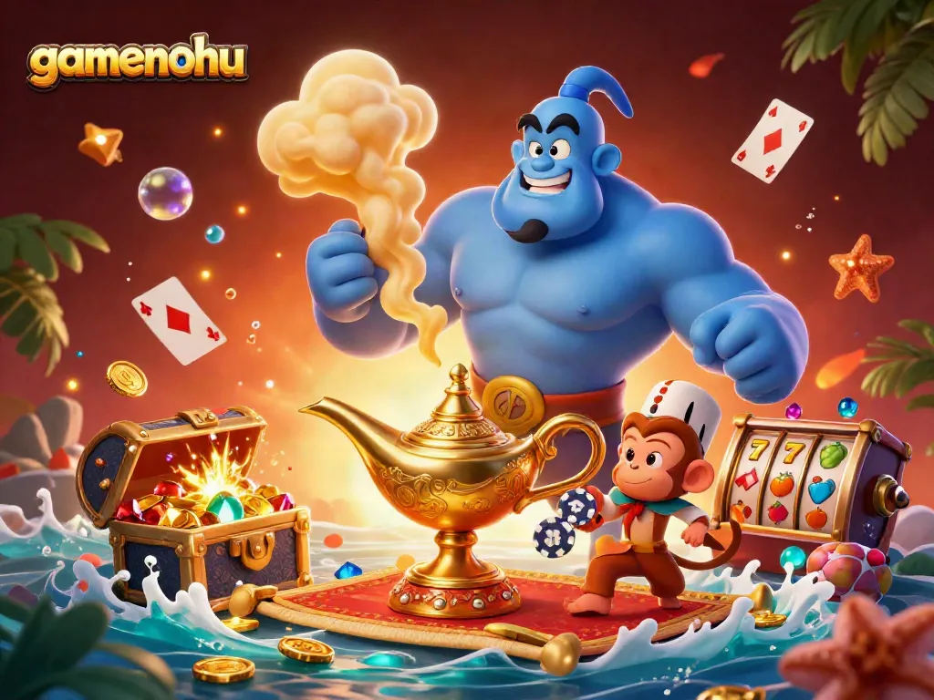 Experience the vibrant excitement of gamenohu casino with a dynamic 3D illustration featuring magical characters and casino elements.