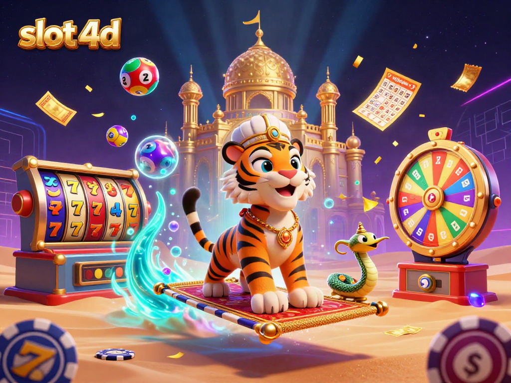 Menang besar dengan slot 4d, sultan harimau di karpet poker, simbol kemenangan bertaburan.