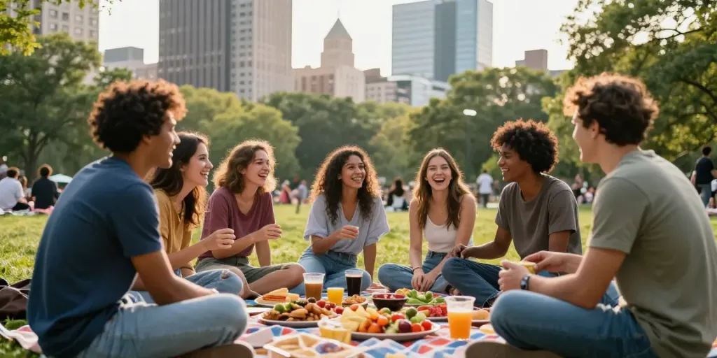 Suasana kumpul-kumpul di taman kota dengan kelompok muda menikmati situs bokep di ponsel dengan tawa dan makanan.