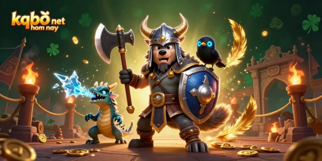 Engage with results on kqbđ net hom nay through thrilling sports betting visuals featuring viking warriors and dragons.