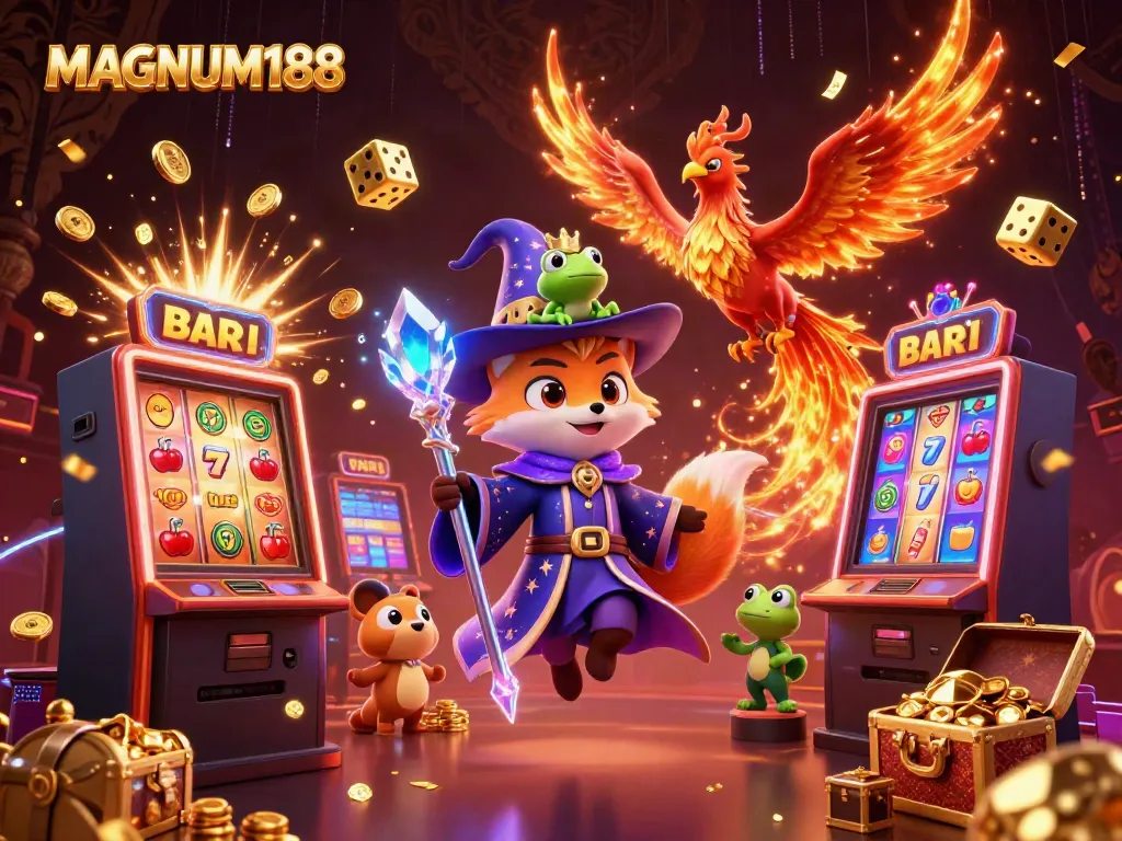 Experience the exciting world of MAGNUM188 with a dynamic casino illustration featuring a wizard, phoenix, and gold.