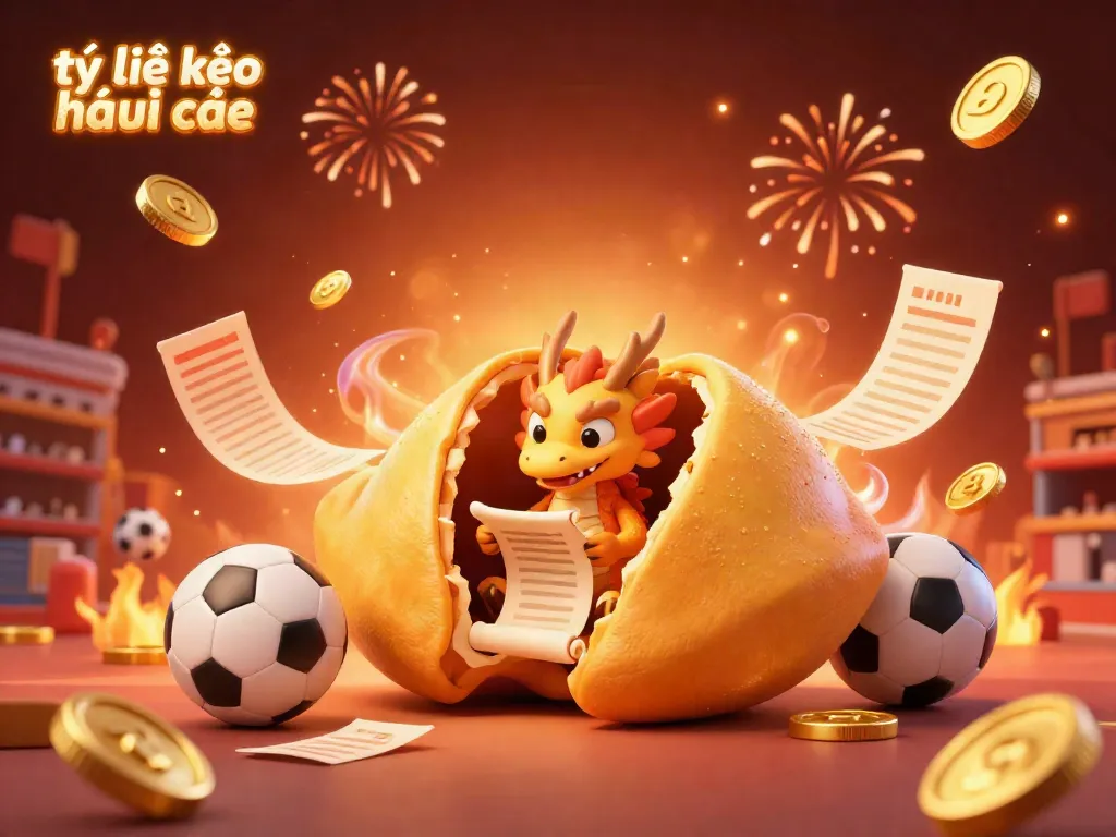 Sports betting scene with tỷ lệ kèo nhà cái featuring a golden cookie, wise dragon, and dynamic betting action.