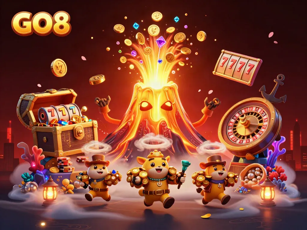 Experience excitement at GO8 with a vivid scene of a golden volcano and casino elements amidst treasured chaos.