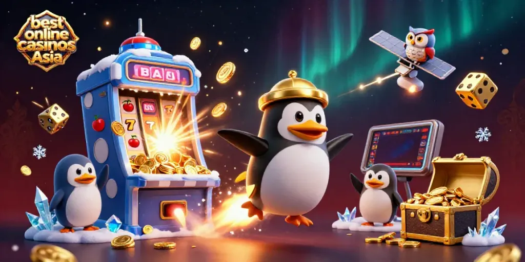 Experience the thrill of the best online casinos Asia with a golden penguin soaring towards a jackpot.