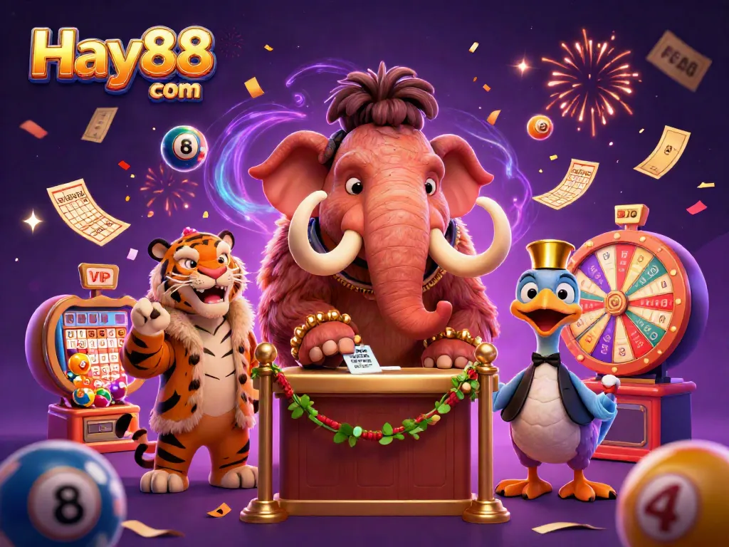 Engage with thrilling games at Hay88 com, featuring a vibrant casino scene with colorful lottery elements.