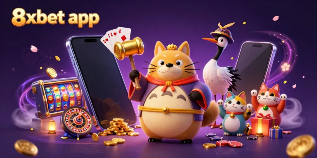 Experience the excitement with the 8xbet app, as cheerful characters celebrate wins in a vibrant casino scene.