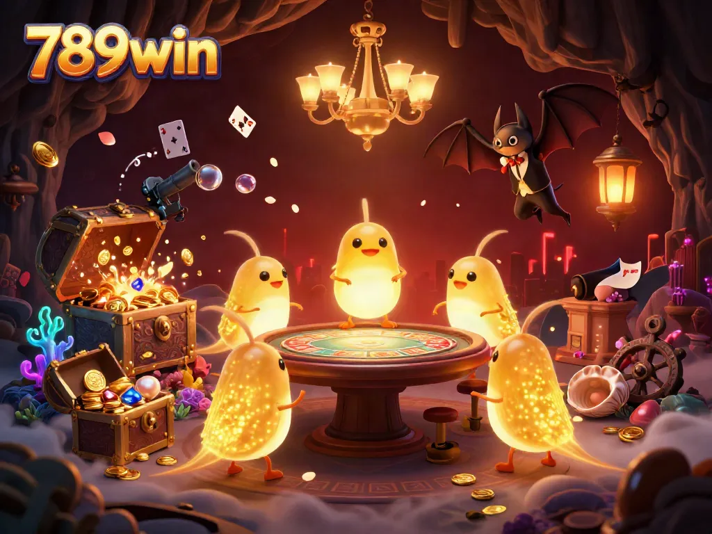 Experience the vibrant 789win casino atmosphere with glowworms lighting up a cave setting while playing exciting games.