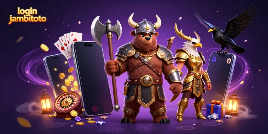 Join the excitement of login jambitoto with dynamic characters and engaging casino elements in a colorful illustration.