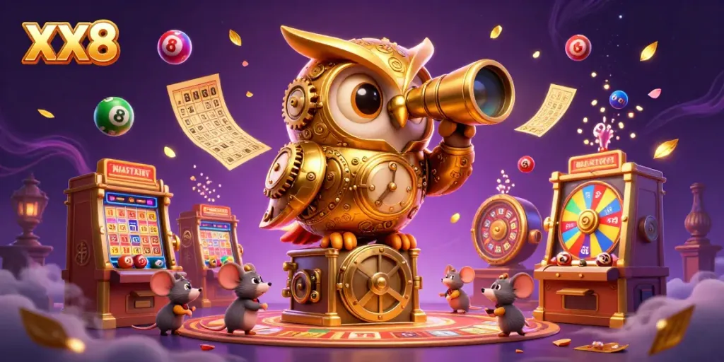 Experience the excitement of XX8 with a dynamic scene of a golden owl overseeing a bustling casino floor filled with vibrant game elements.