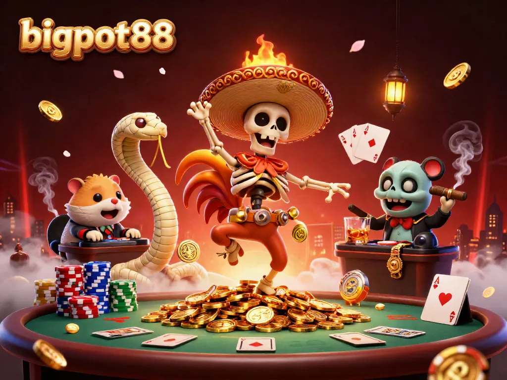 bigpot88 merayakan kemenangan dengan karakter kasino dan elemen poker berwarna-warni yang mengelilinginya.