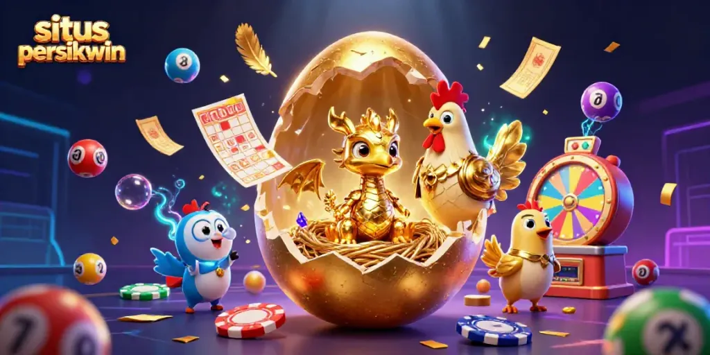 Permainan situs persikwin dengan naga emas, chip poker, dan elemen lotre yang berwarna-warni.