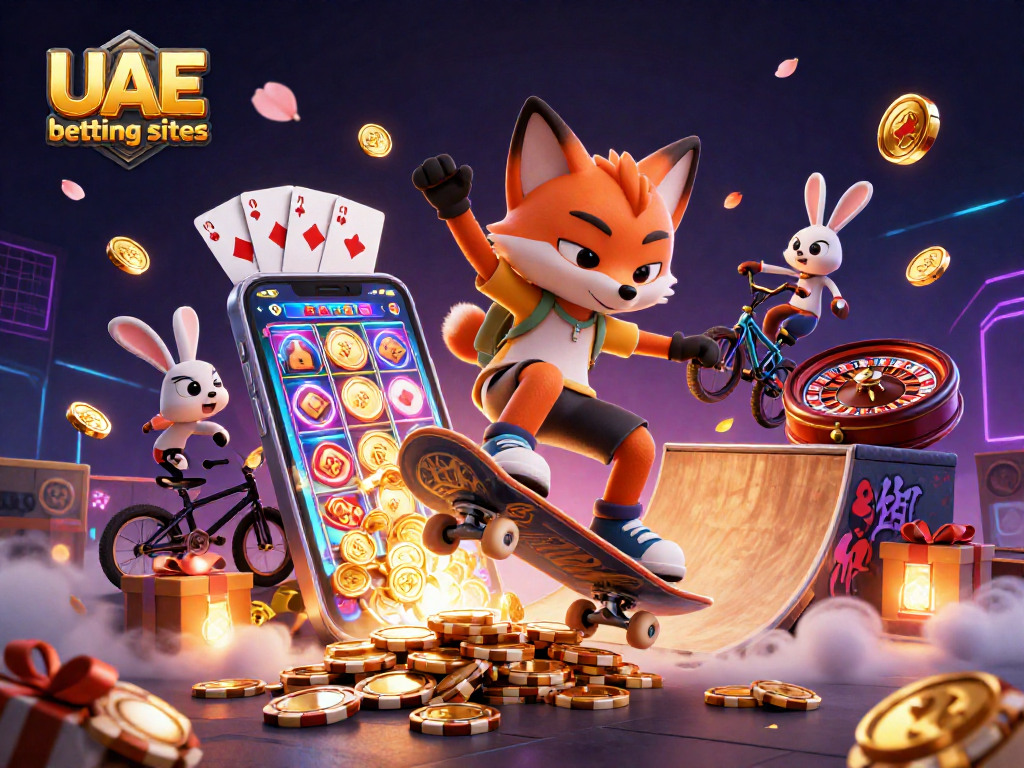 Engage with UAE betting sites through exciting visual action featuring a vibrant fox and rabbit in a casino-themed adventure.
