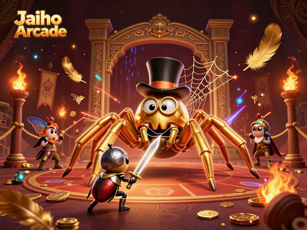 Join the fun at Jaiho Arcade with this vibrant digital illustration featuring a spider and knight battling in a casino