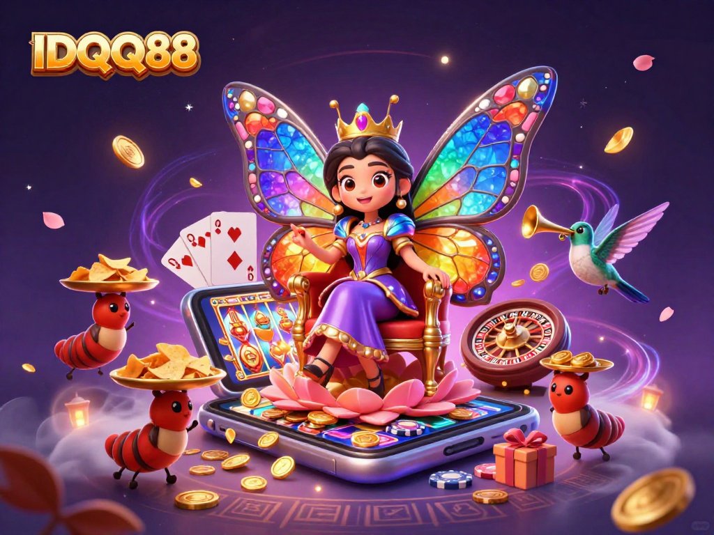 IDQQ88 captures the excitement of gambling through a vibrant 3D casino scene with a magical butterfly queen and slot elements.