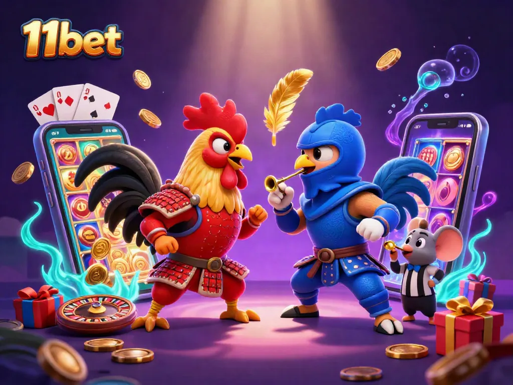 Engage in thrilling bets at 11bet with battling roosters, vibrant casino elements, and dynamic energy.