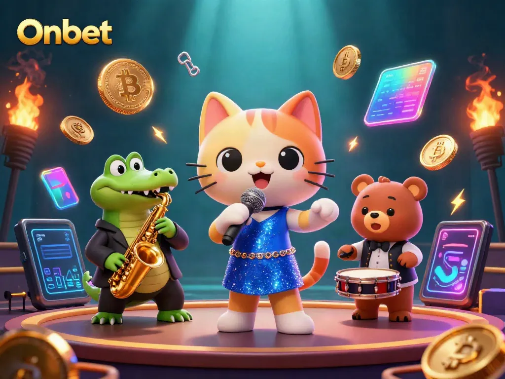 Play games and win at Onbet's vibrant casino, alive with animated characters and glowing currencies.