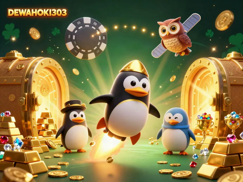 DEWAHOKI303 menampilkan penguin emas bertenaga roket berpetualang di luar angkasa, mencari keberuntungan judi.