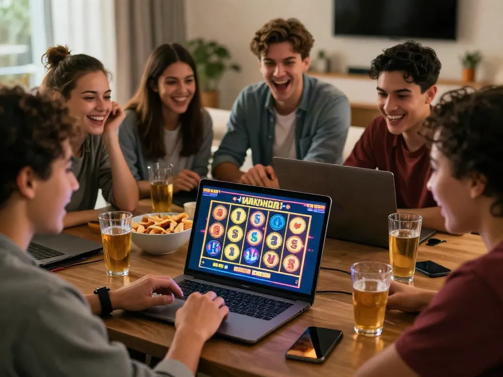 A group of friends enjoying online gambling with akunjp in a cozy living room.