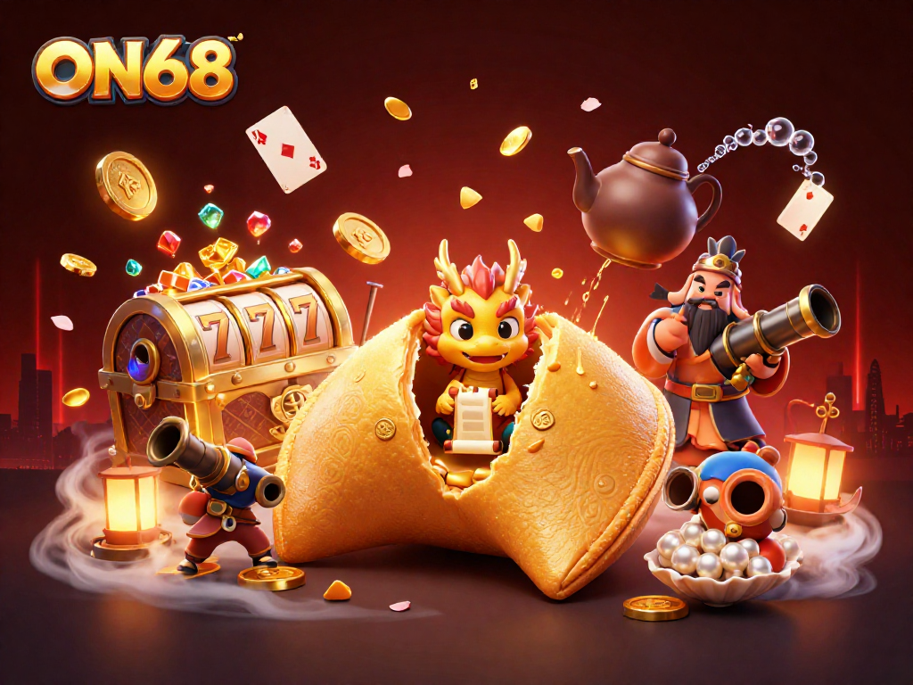 Experience ON68's thrilling slots with a vibrant world of fortune cookies and dragons.