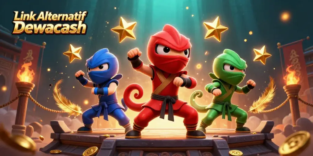 Engage with Link Alternatif Dewacash through a vibrant 3D casino scene featuring ninja chameleons.
