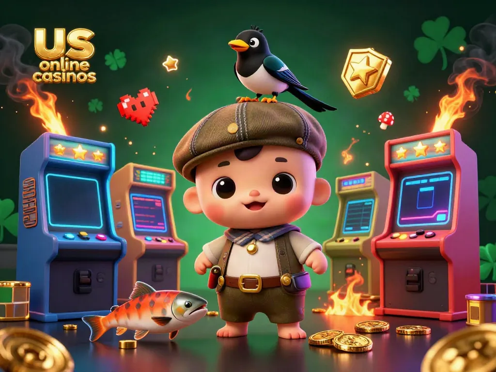 Engaging scene featuring characters representing us online casinos, including cute Nessie and vibrant game elements.