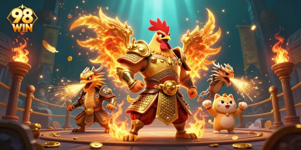 Play exciting games at 98 WIN with our animated fighting rooster and dragon in a vibrant casino scene.
