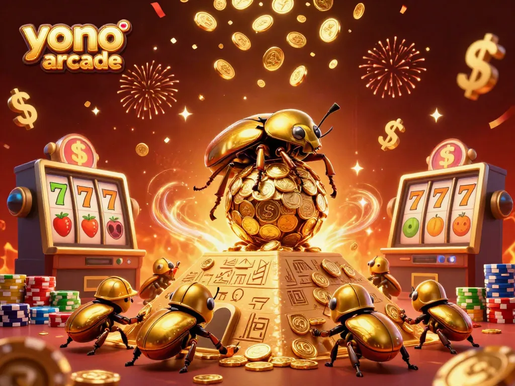 Experience exciting gameplay at yono arcade with golden beetles rolling coins and vibrant casino symbols.