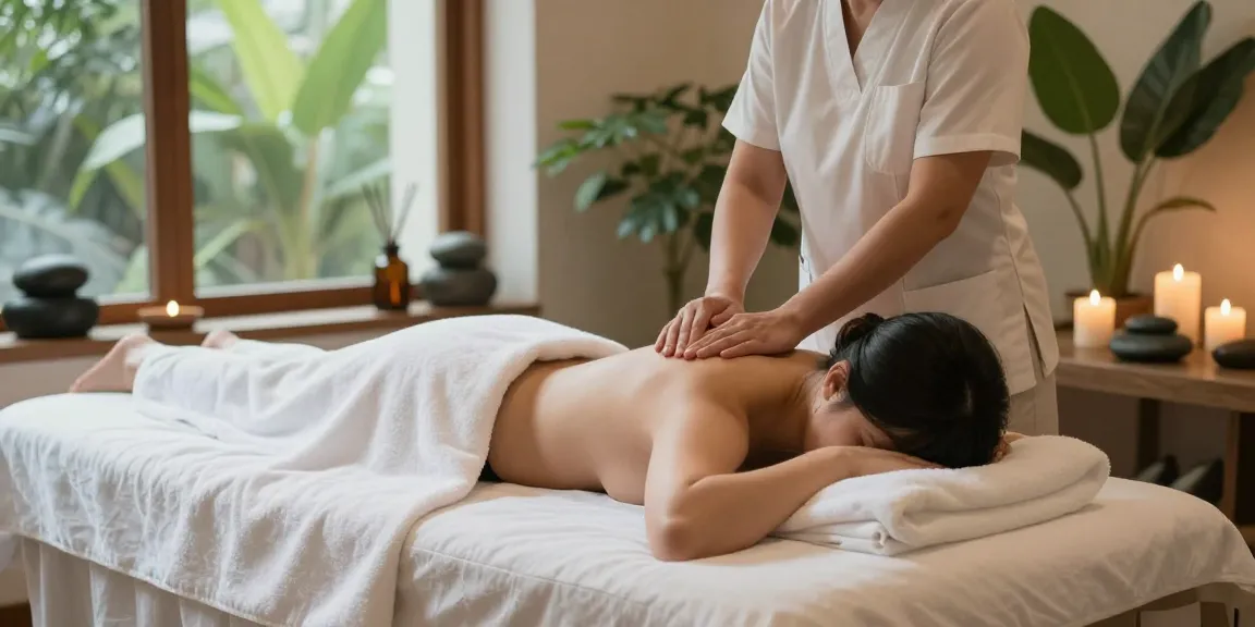 Serene spa environment featuring a therapist providing 분당출장마사지, creating a relaxing and calm atmosphere.