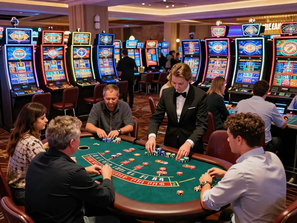 Erlebe aufregende Spiele im Ica Casino Österreich mit aktiven Spielern an Spielautomaten und Spieltischen in lebendiger Atmosphäre.