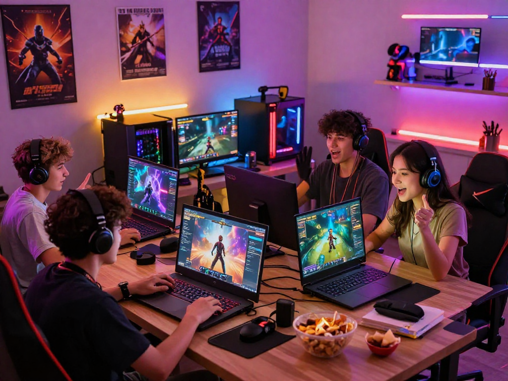 Excited gamers playing an online porn game in a vibrant gaming den.