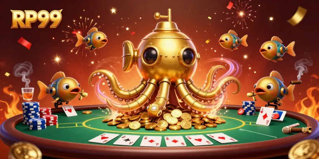 Engage in thrilling gambling action with RP99 and a golden kraken surrounded by poker elements.