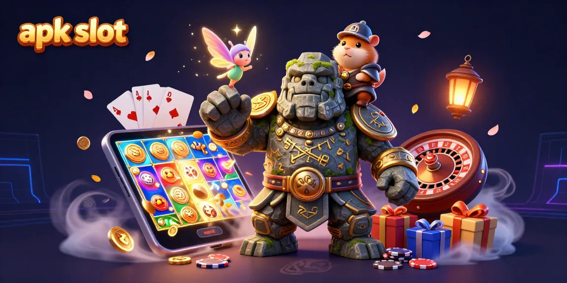Putaran jackpot aplikasi slot dengan golem mistis dan peri, sambil bermain slot.