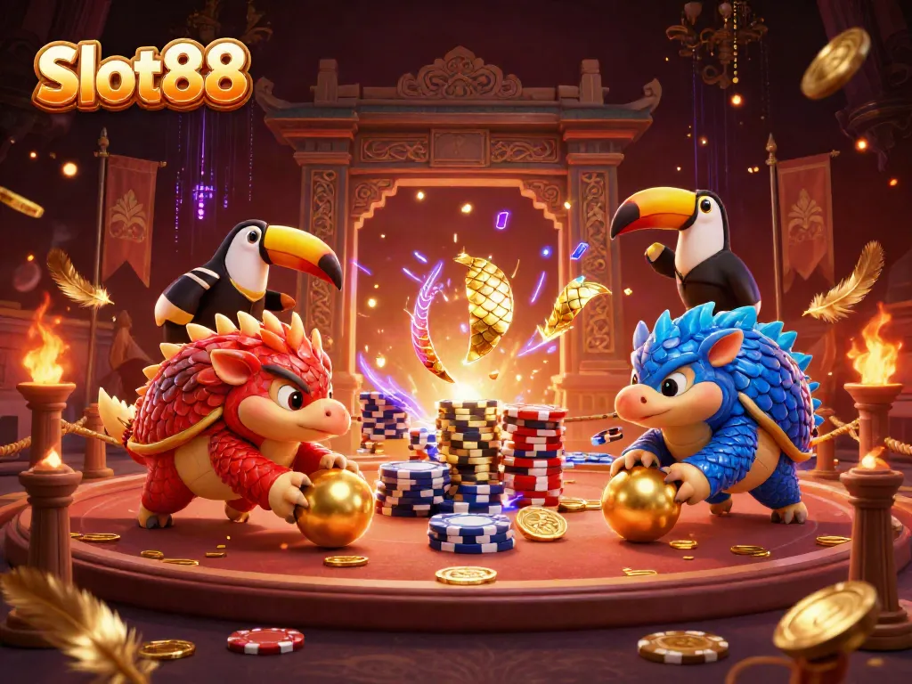 Experience Slot88 with dynamic pangolins rolling into golden balls amidst poker chips and vibrant confetti.